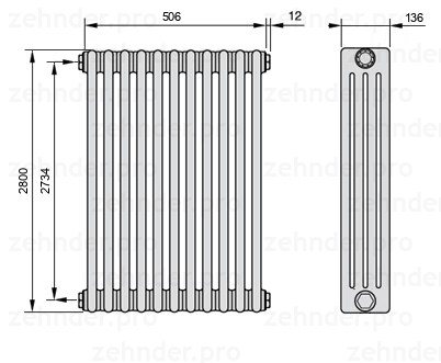 Схема (чертеж) Радиатор Zehnder Charleston 4280/11 №1270 Белый глянцевый RAL 9016